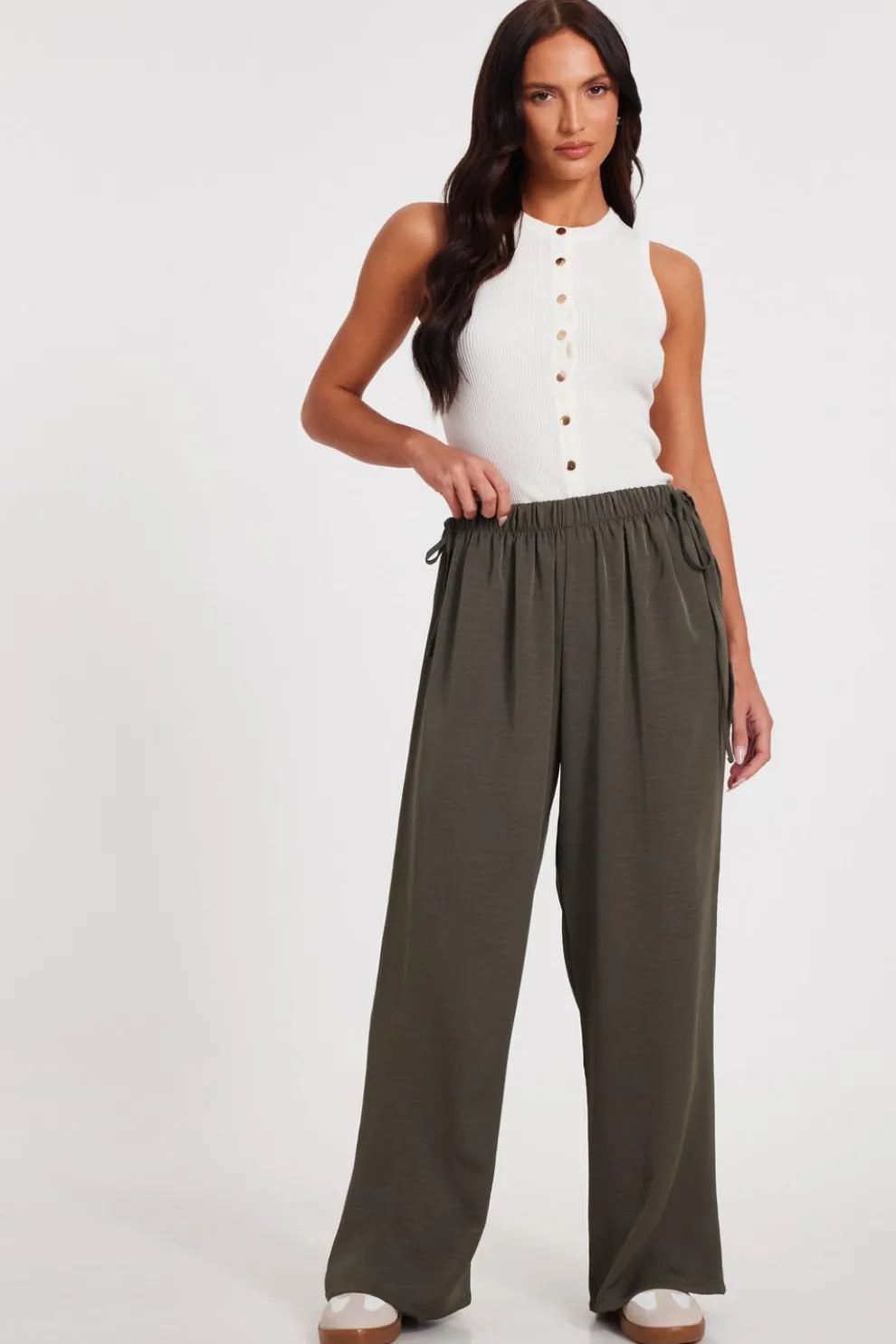 Khaki Tie Waist Palazzo Trousers