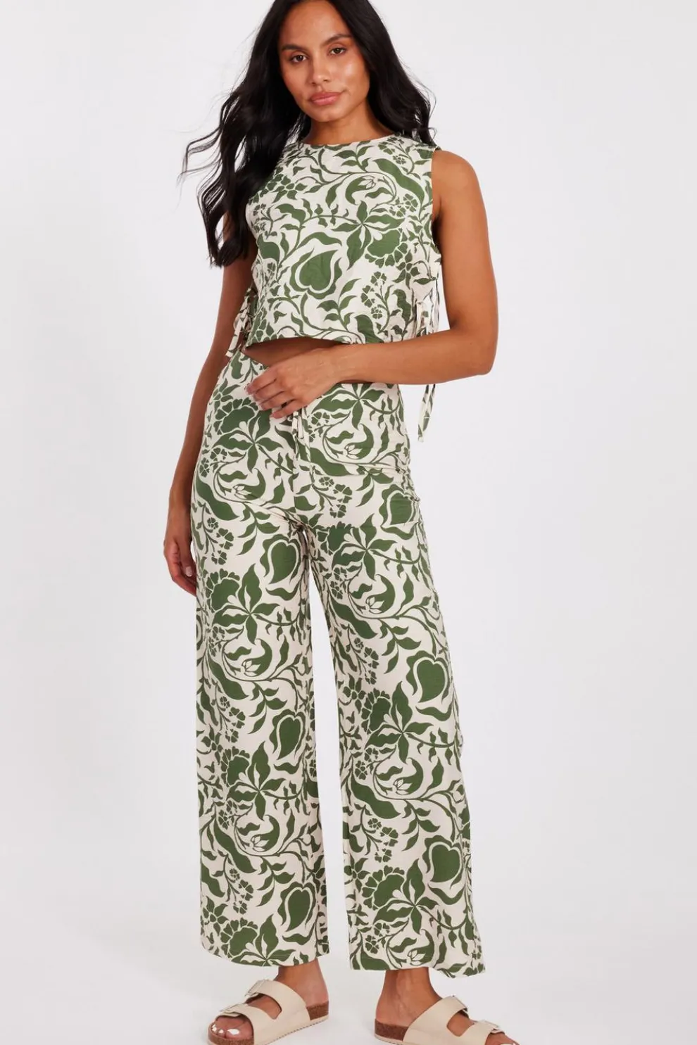 Khaki Tropical Print Trousers