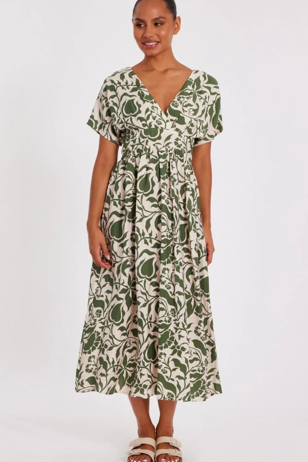 Khaki Tropical Print Midaxi Dress
