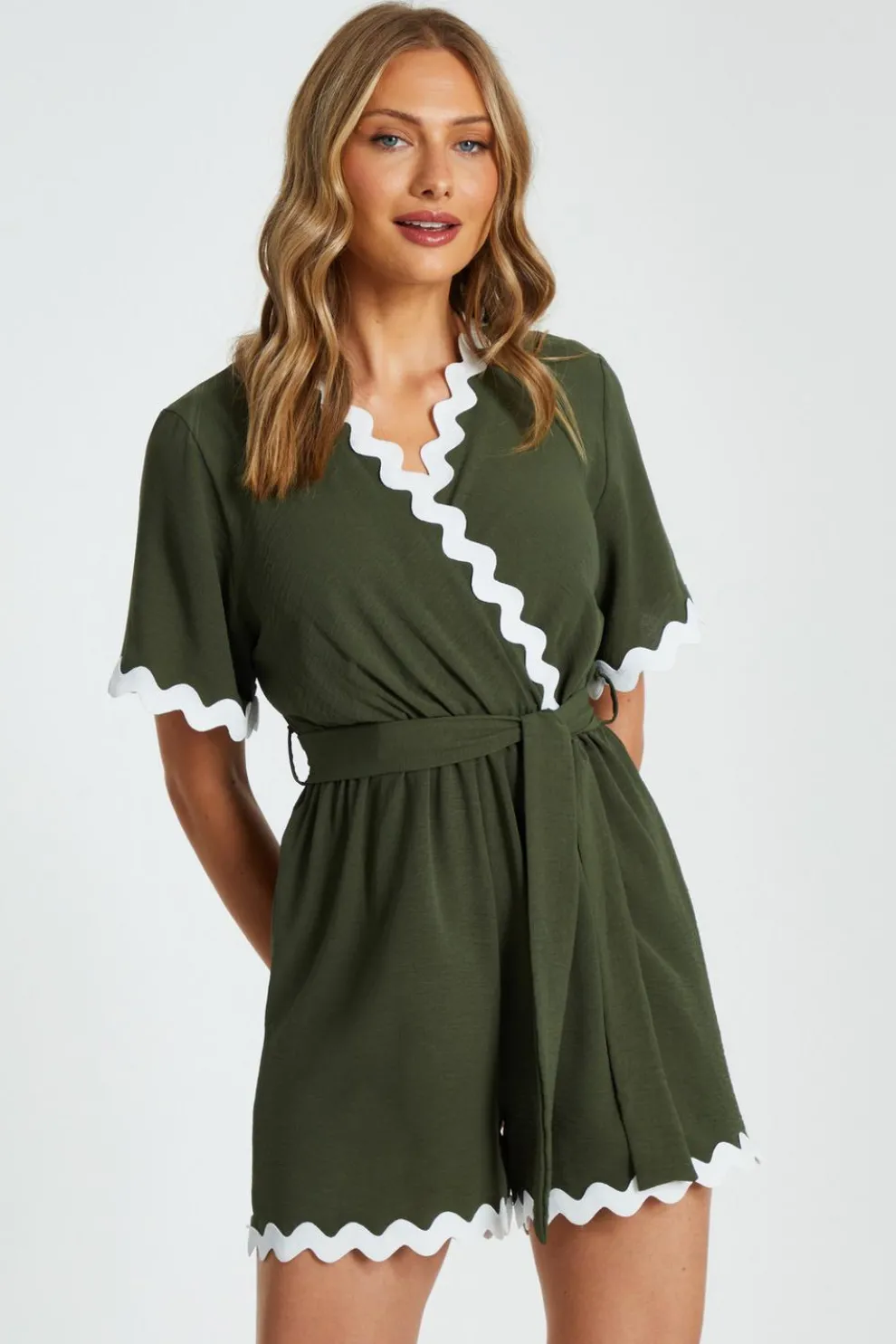 Khaki Wavy Trim Playsuit