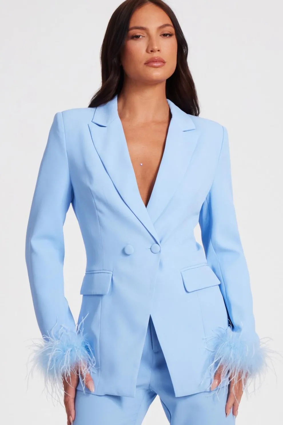 Light Blue Feather Trim Blazer