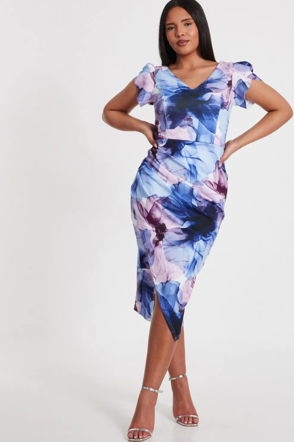 Light Blue Floral Print Midi Dress