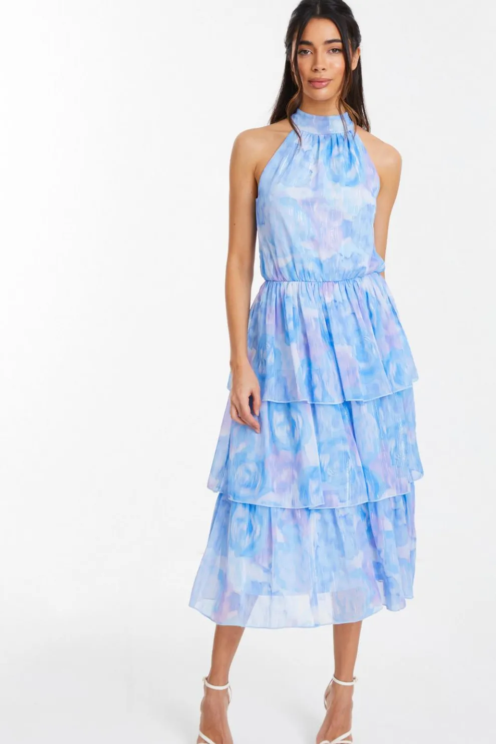 Light Blue Floral High Neck Tiered Midi Dress