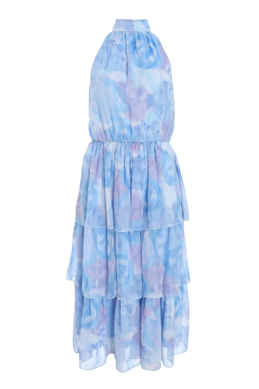 Light Blue Floral High Neck Tiered Midi Dress