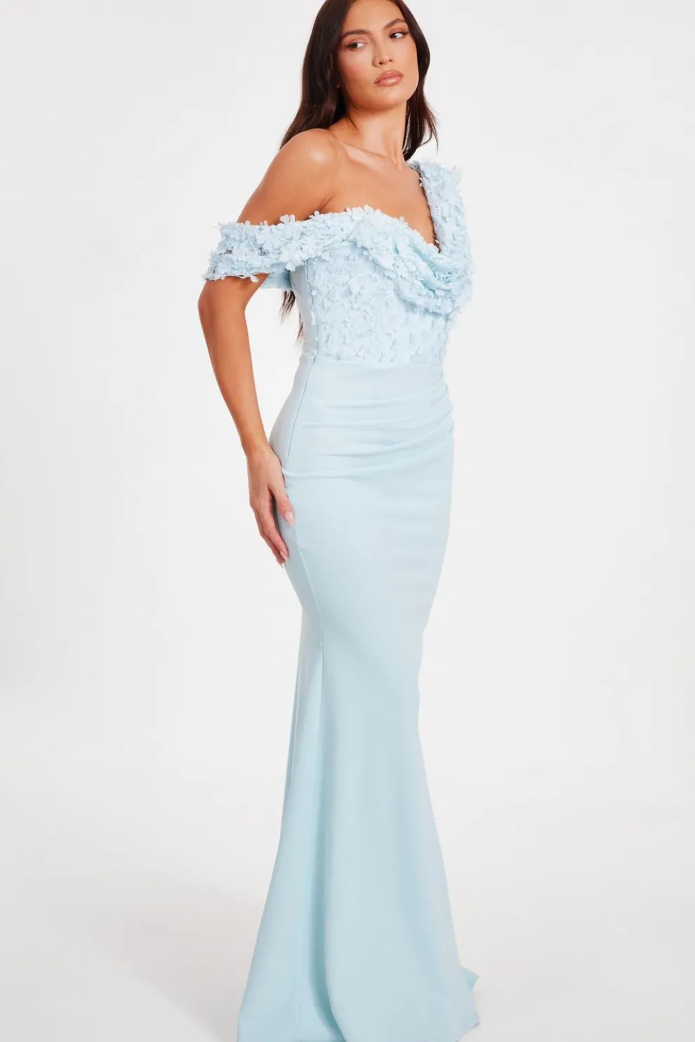 Light Blue Floral Ruched Maxi Dress