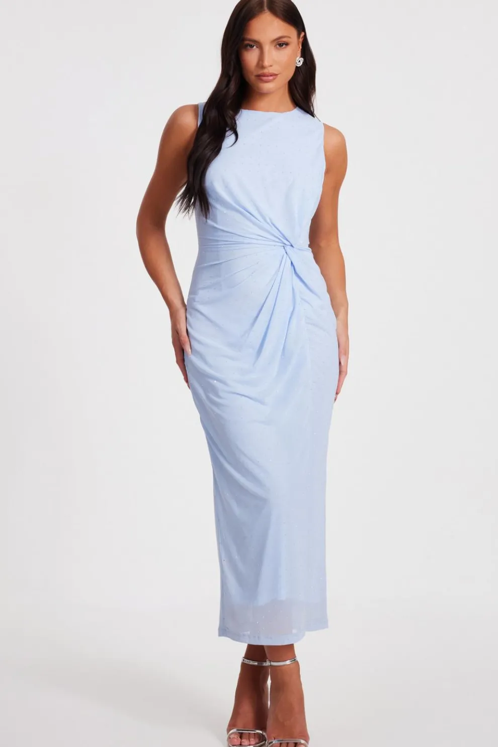 Light Blue Mesh Embellished Midaxi Dress