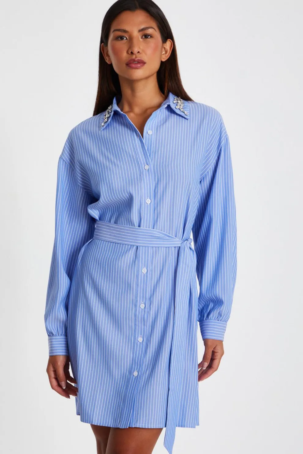 Light Blue Pinstripe Mini Shirt Dress