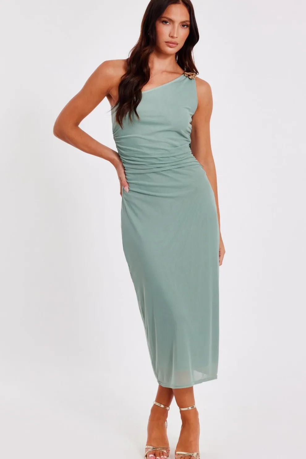Light Green Mesh One Shoulder Midi Dress