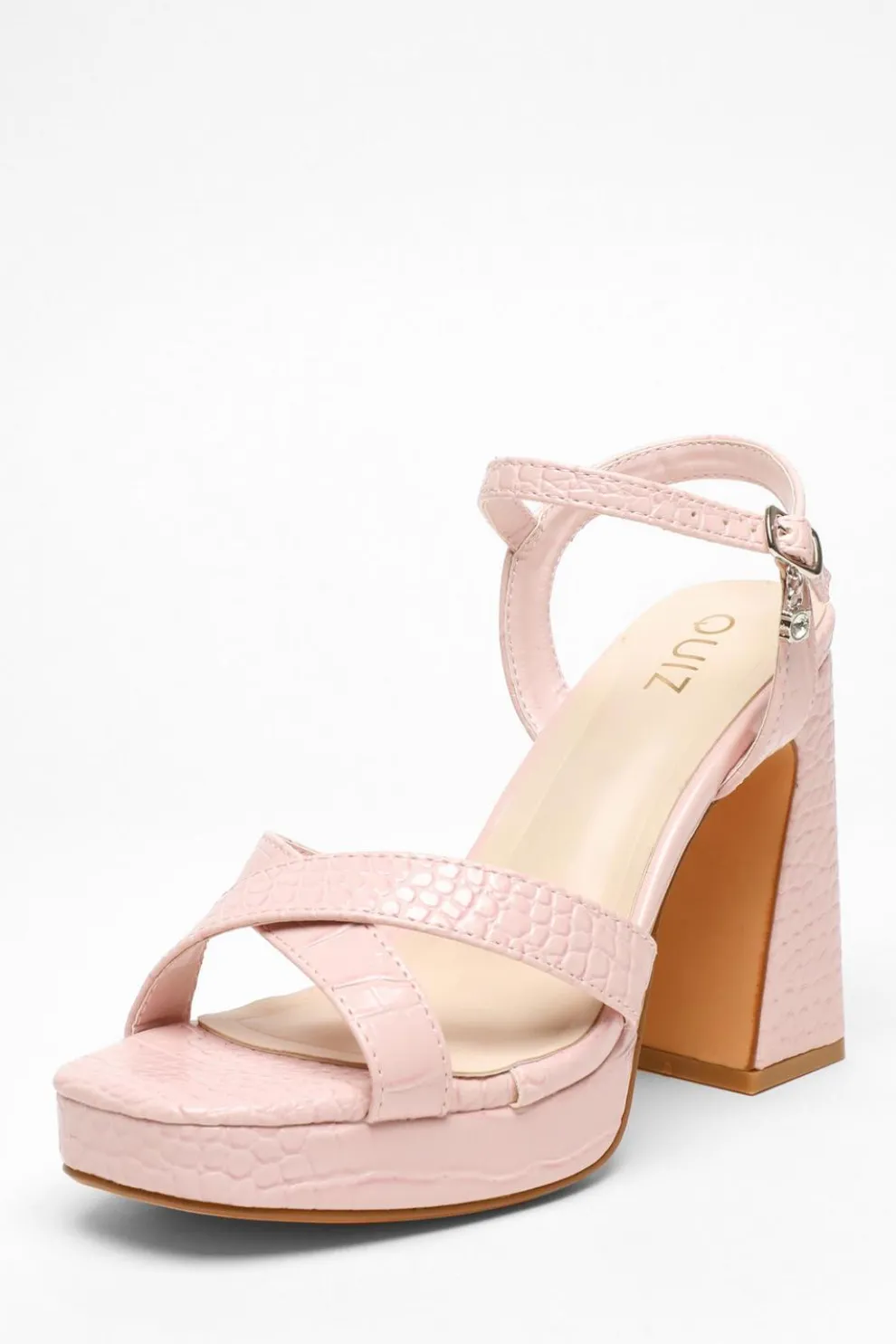 Light Pink Crocodile Cross Strap Platform Heeled Sandals