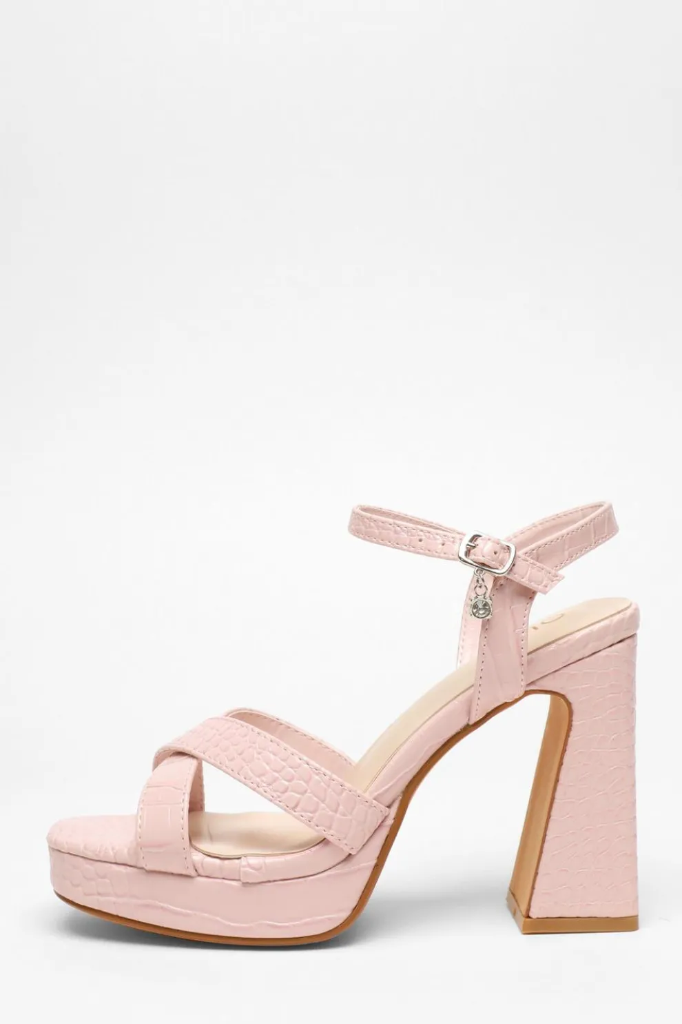 Light Pink Crocodile Cross Strap Platform Heeled Sandals