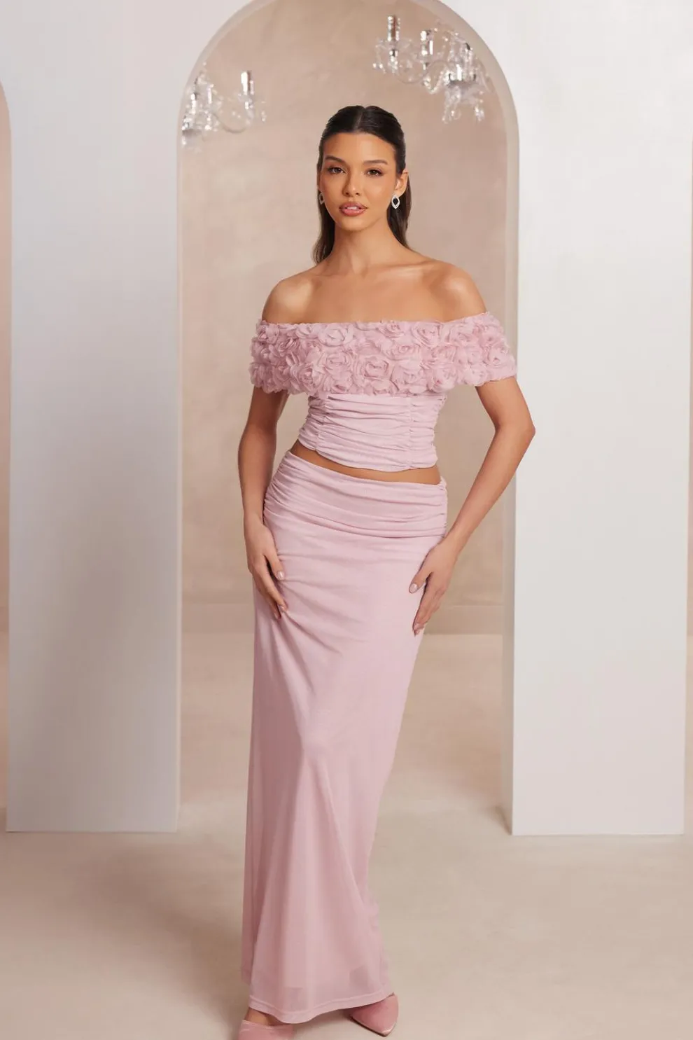 Light Pink Mesh Ruched Midaxi Skirt