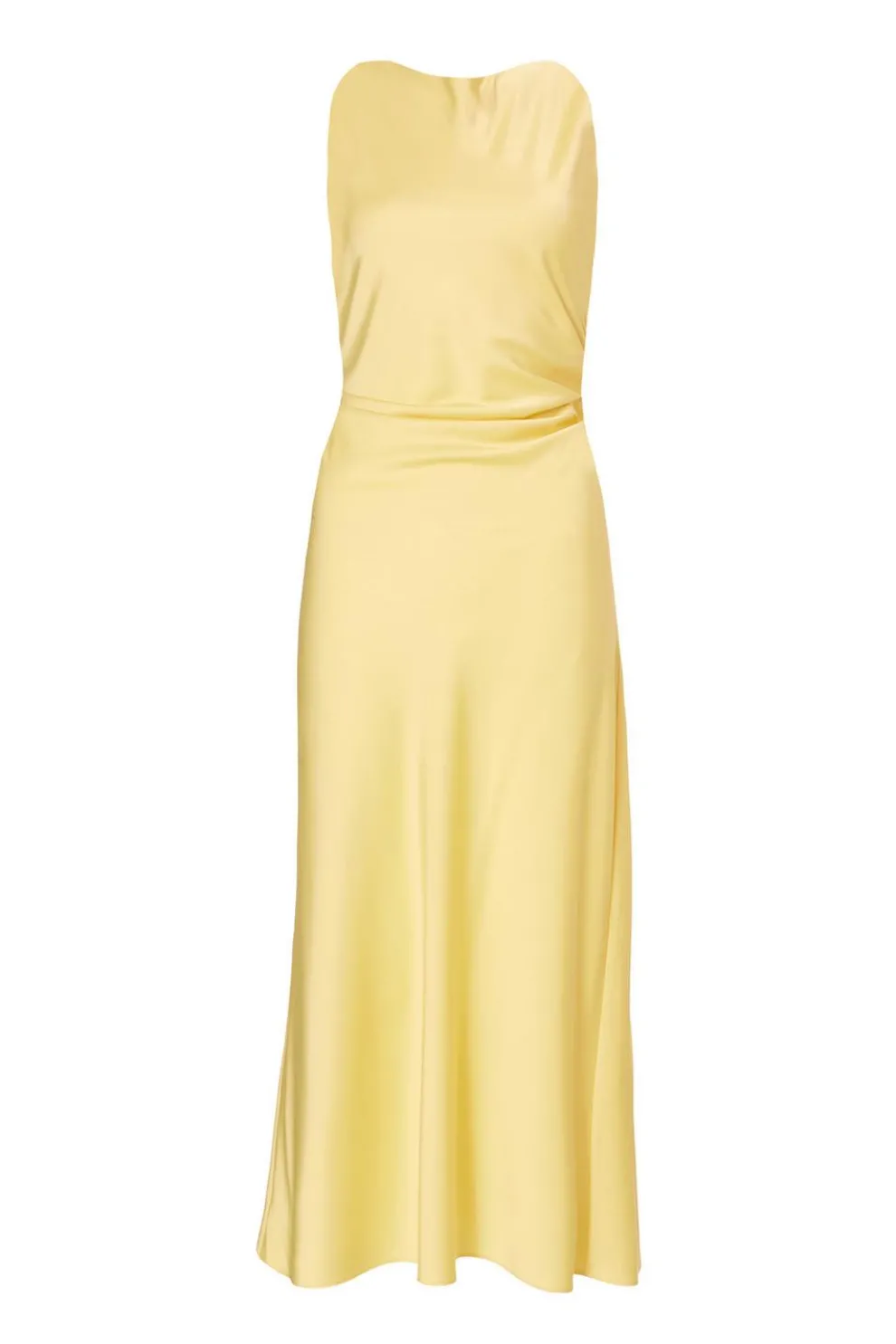 Light Yellow Satin Ruched Midi Dress