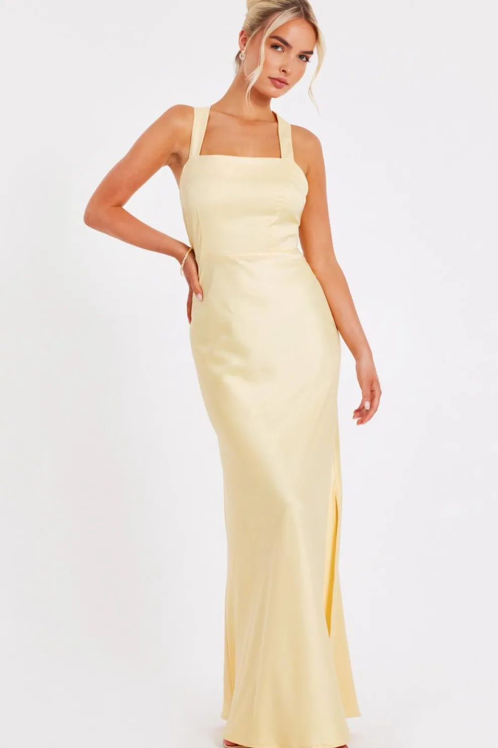 Light Yellow Satin Maxi Dress