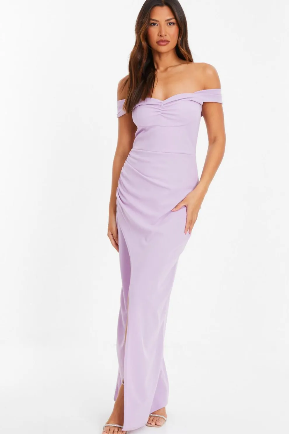 Lilac Bardot Ruched Maxi Dress