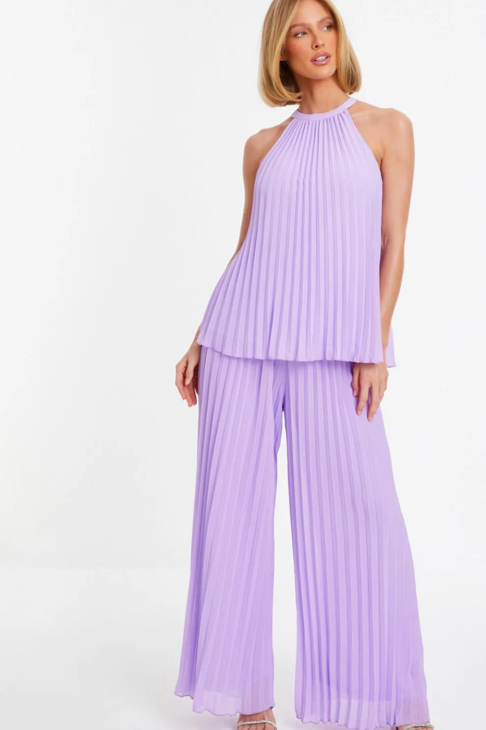 Lilac Chiffon Pleated High Neck Top