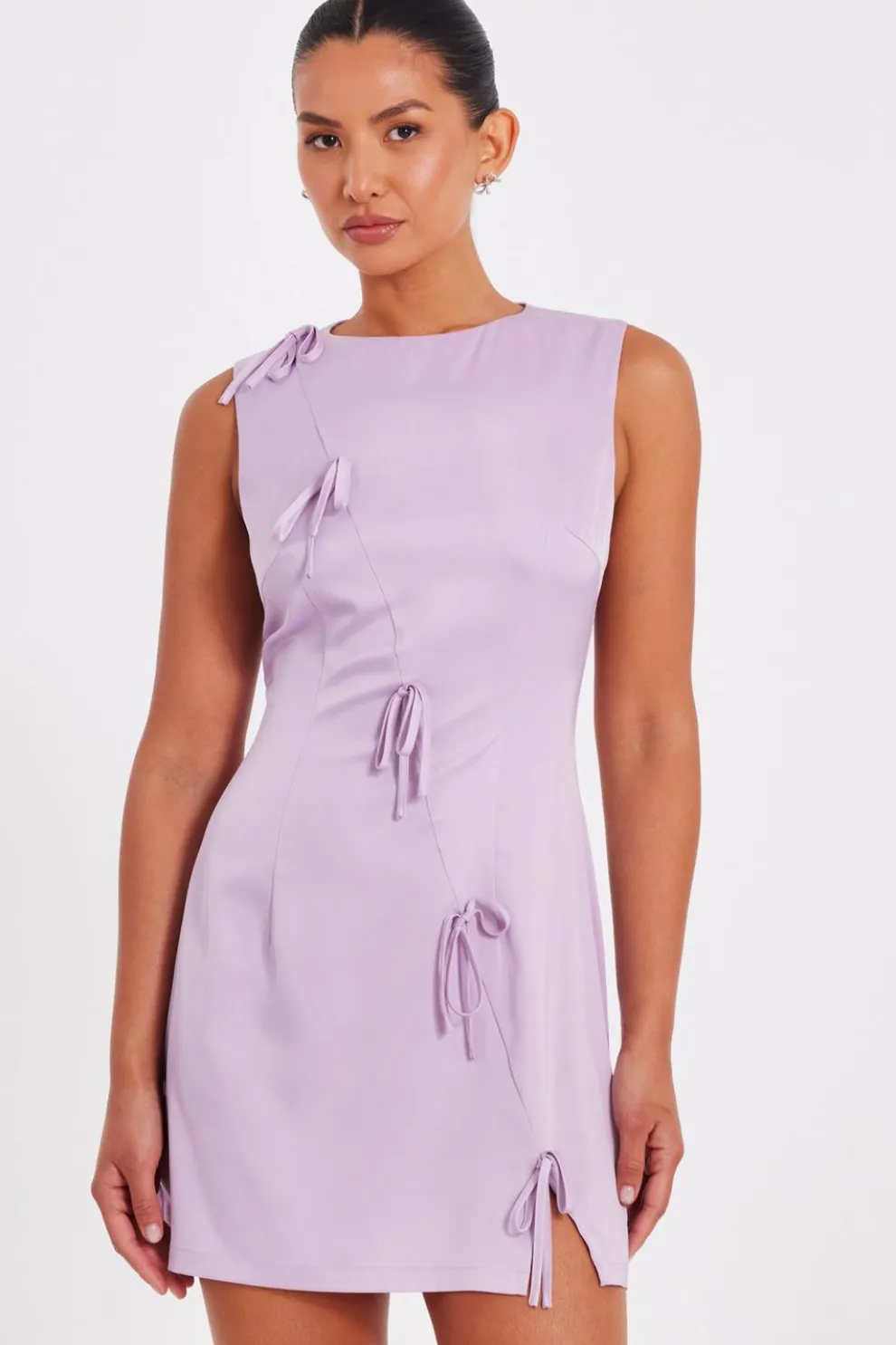 Lilac Satin Bow Mini Dress