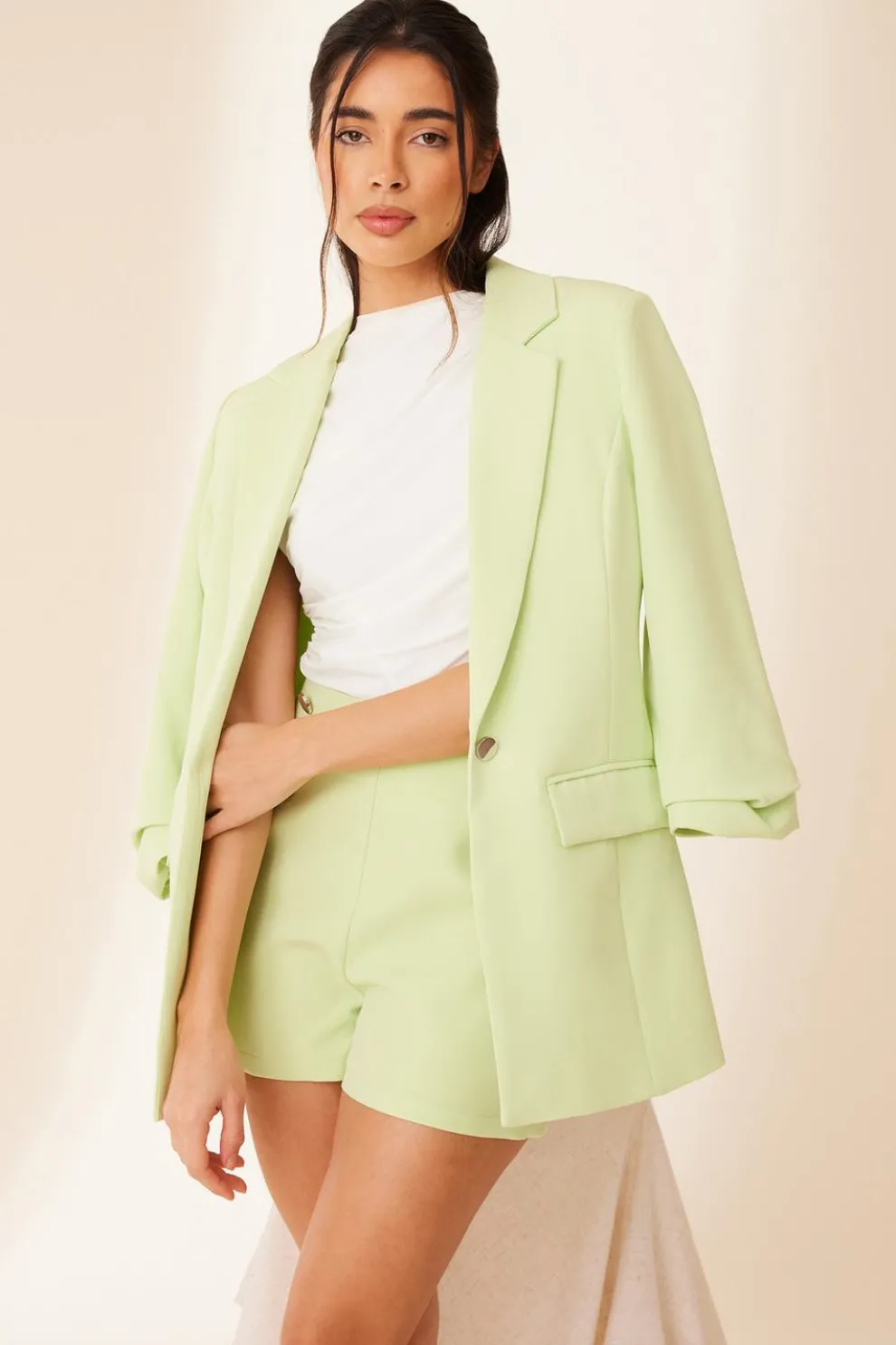 Lime Ruched Sleeve Blazer