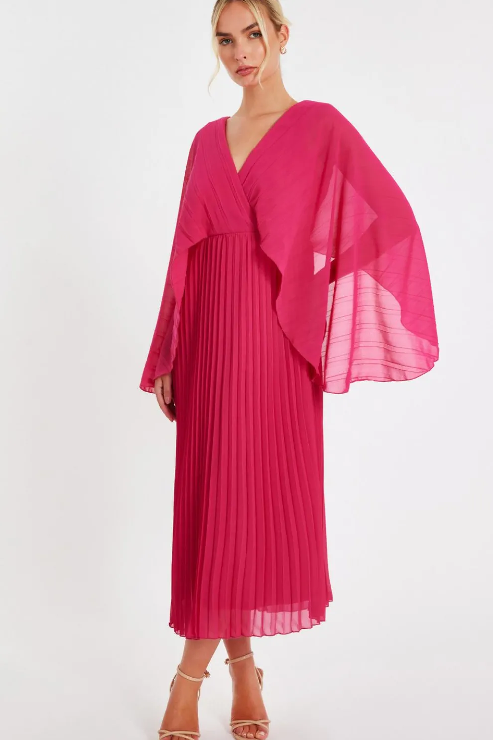Magenta Chiffon Pleated Midaxi Dress
