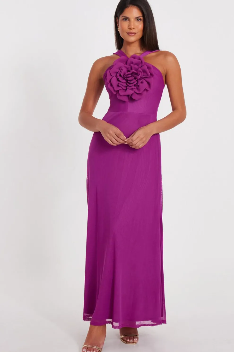 Magenta Mesh Corsage Maxi Dress