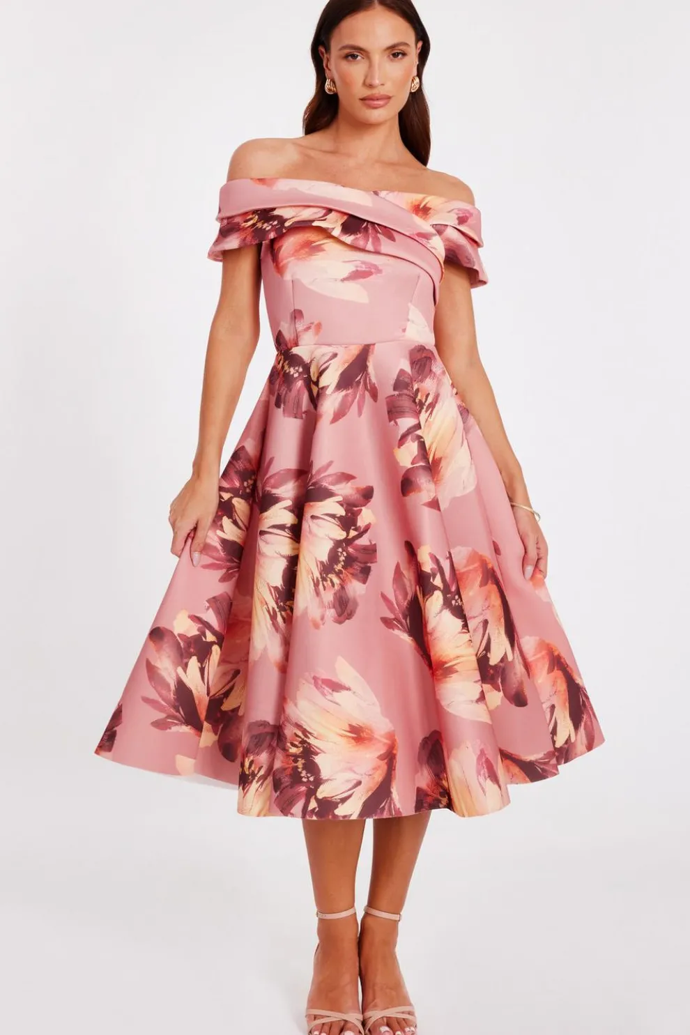 Mauve Floral Bardot Midi Dress