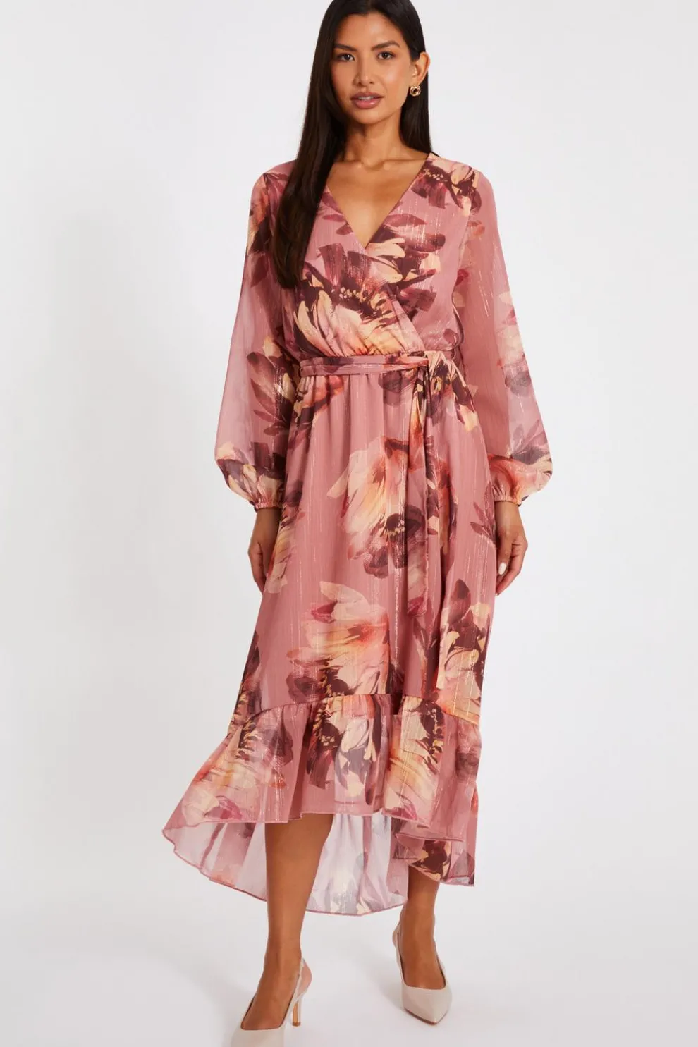 Mauve Floral Dip Hem Midaxi Dress