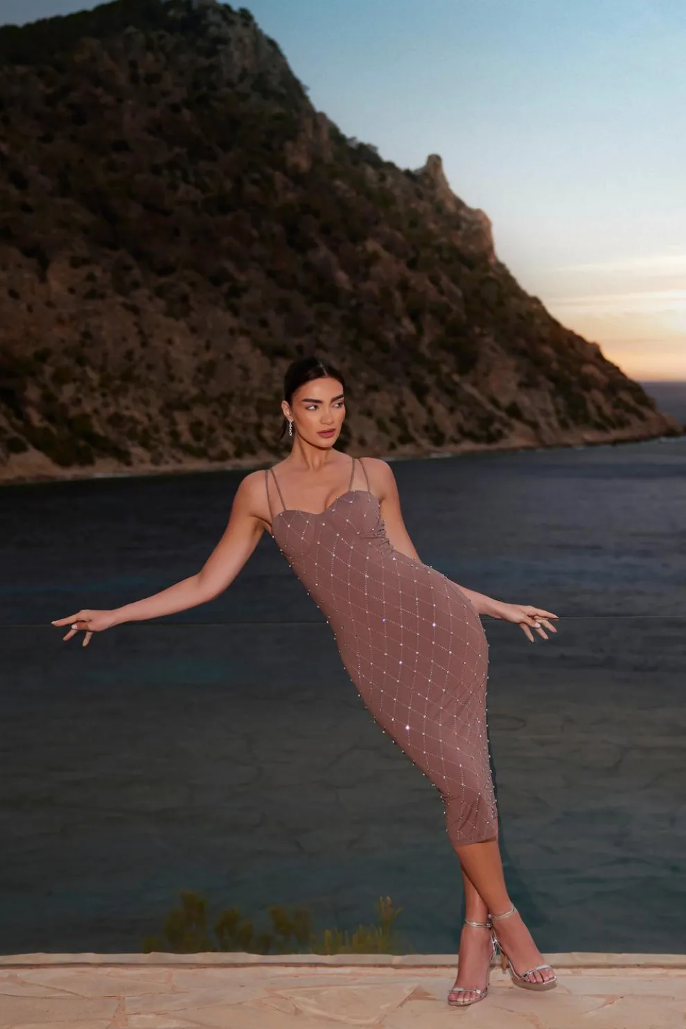 Mocha Rhinestone Bodycon Midi Dress