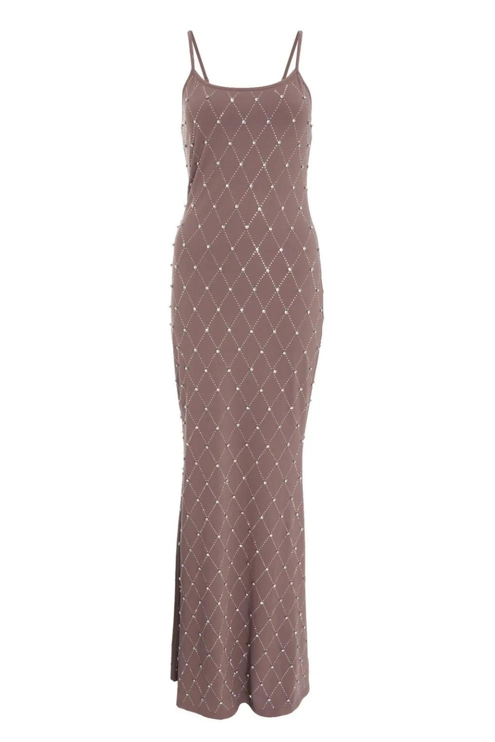 Mocha Rhinestone Square Neck Maxi Dress