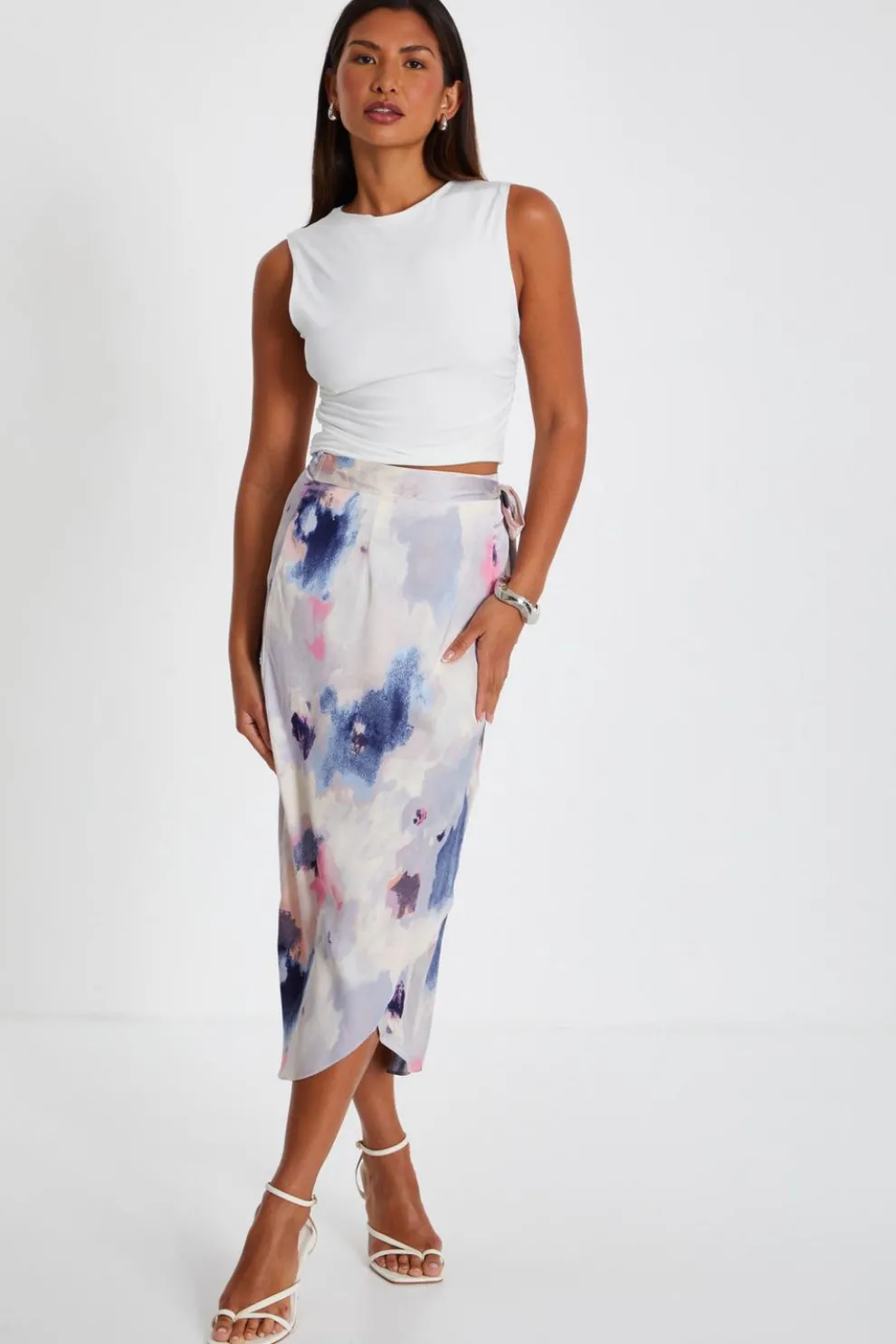 Multicoloured Marble Print Wrap Midi Skirt