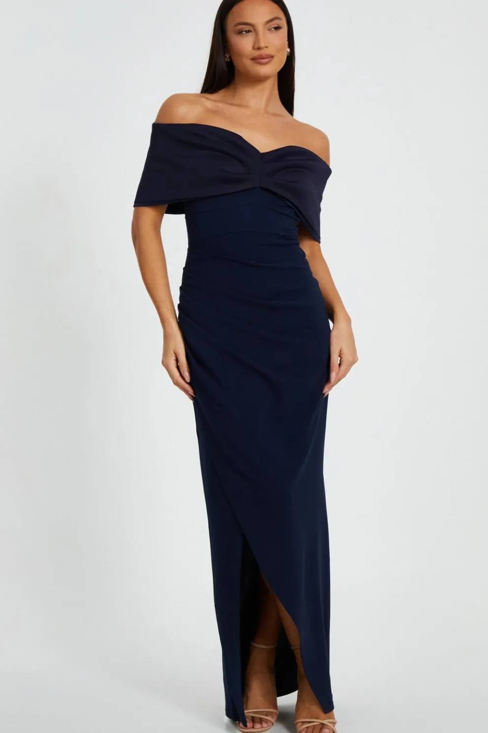 Navy Bardot Front Wrap Maxi Dress