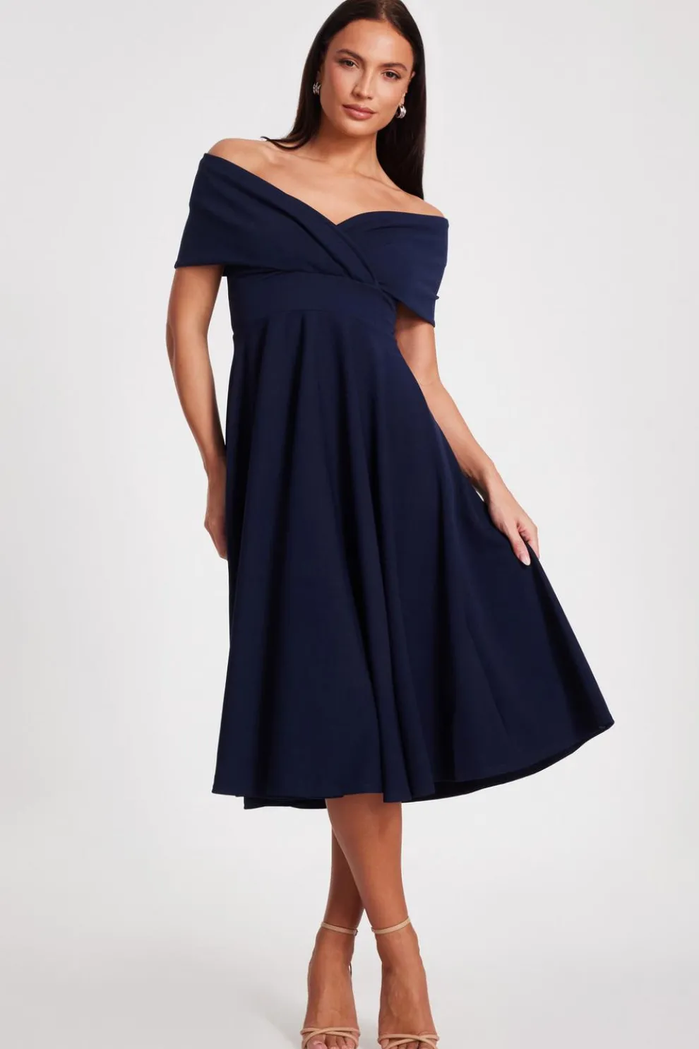 Navy Bardot Midi Dress