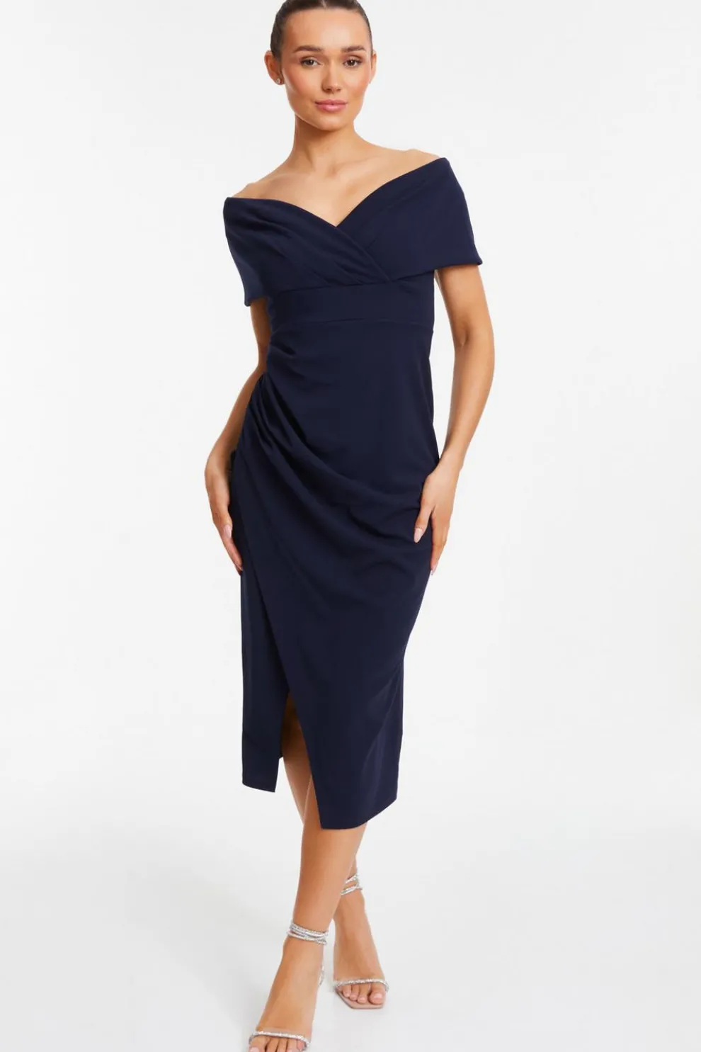 Navy Bardot Ruched Wrap Midi Dress