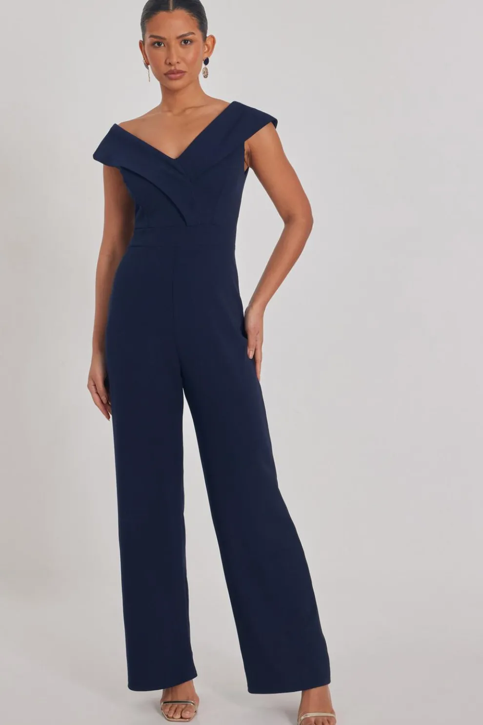 Navy Bardot Wide Leg Jumpsuit