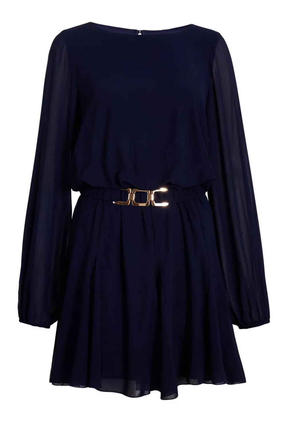 Navy Chiffon Long Sleeve Skater Dress