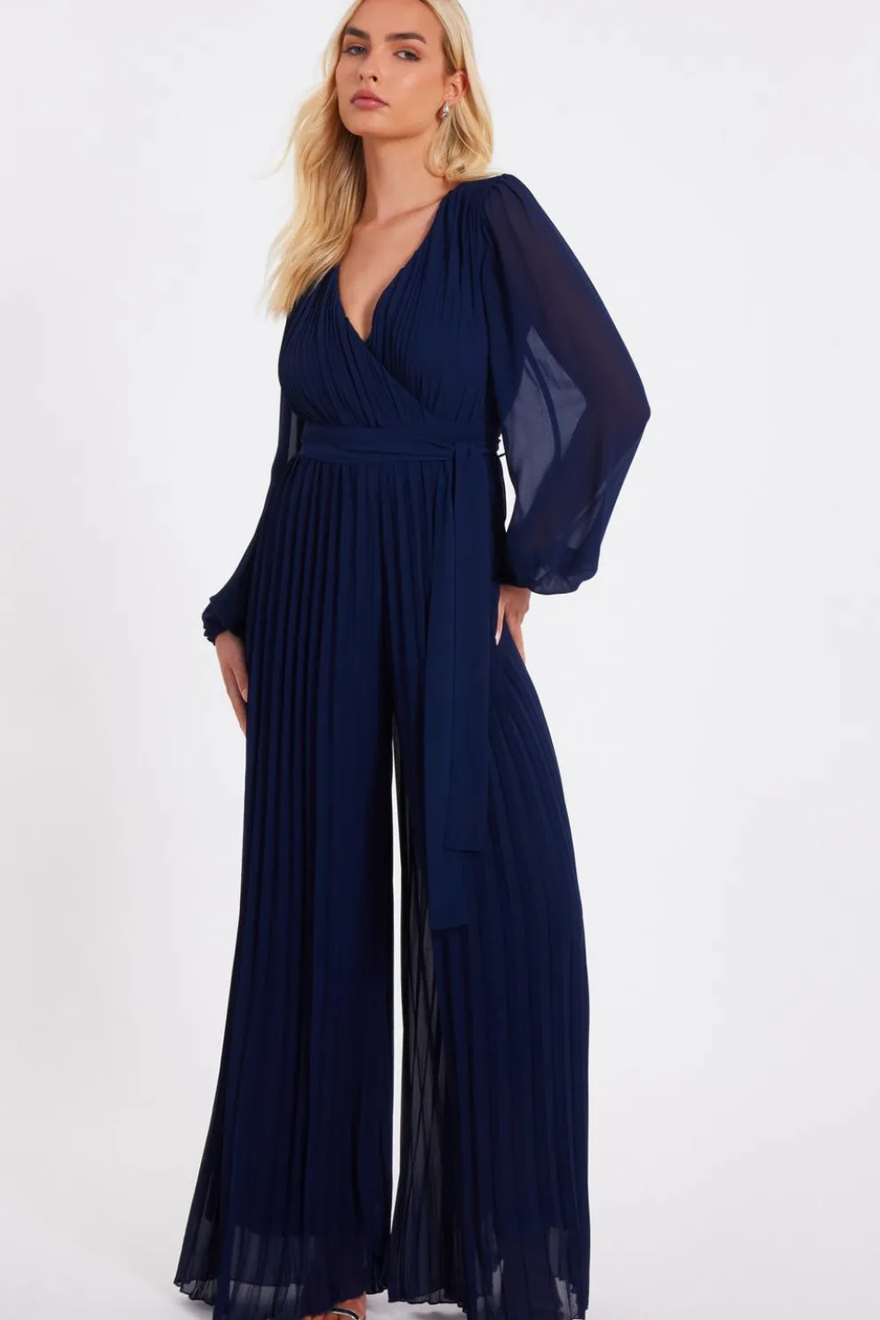 Navy Chiffon Pleated Jumpsuit