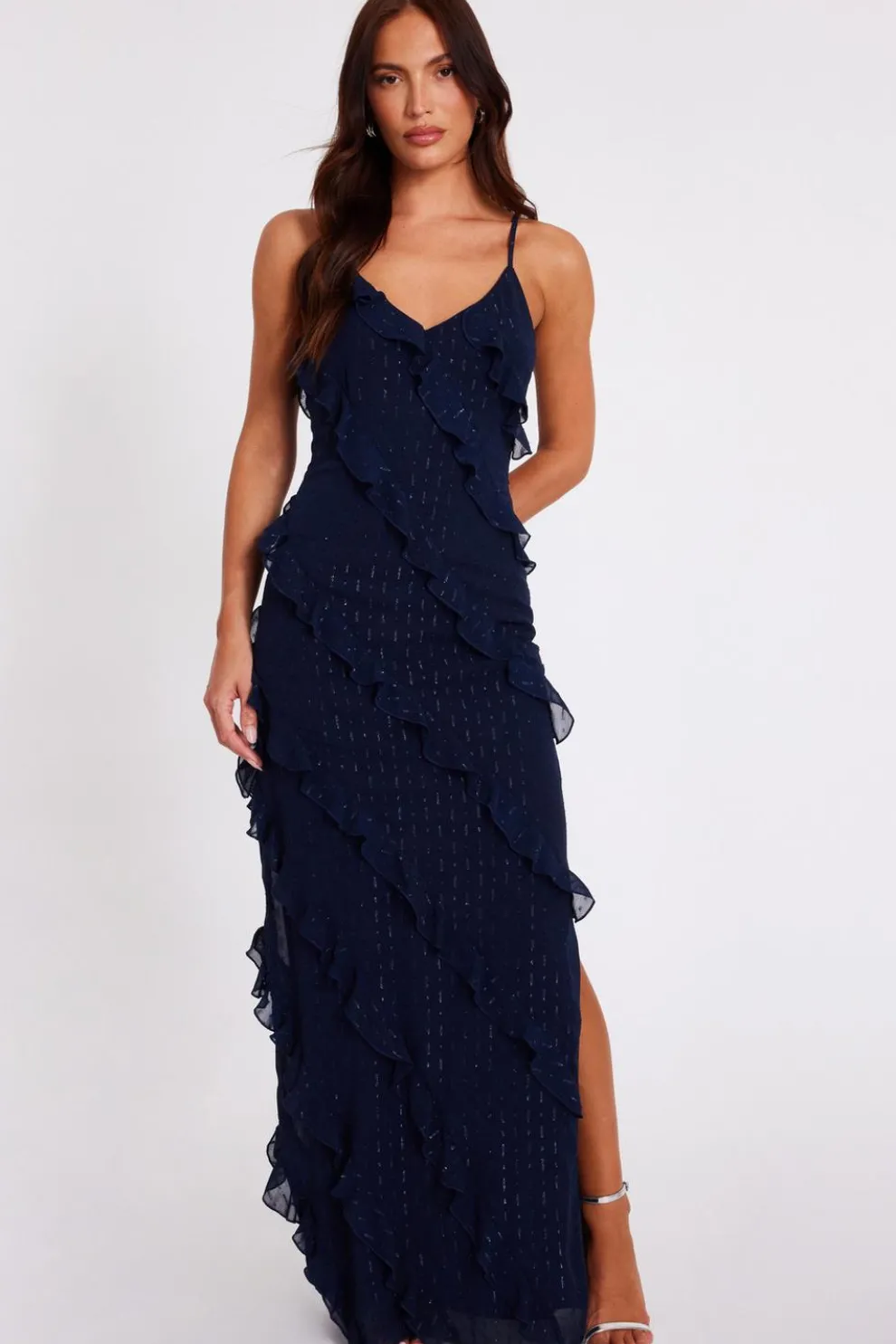 Navy Chiffon Ruffle Midaxi Dress