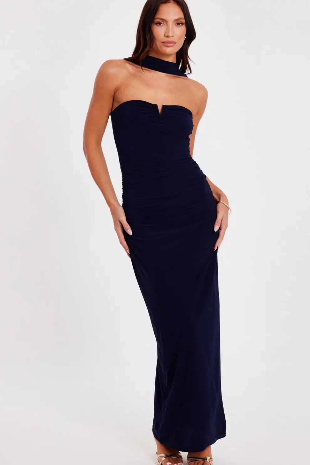 Navy Collar Detail Ruched Midaxi Dress