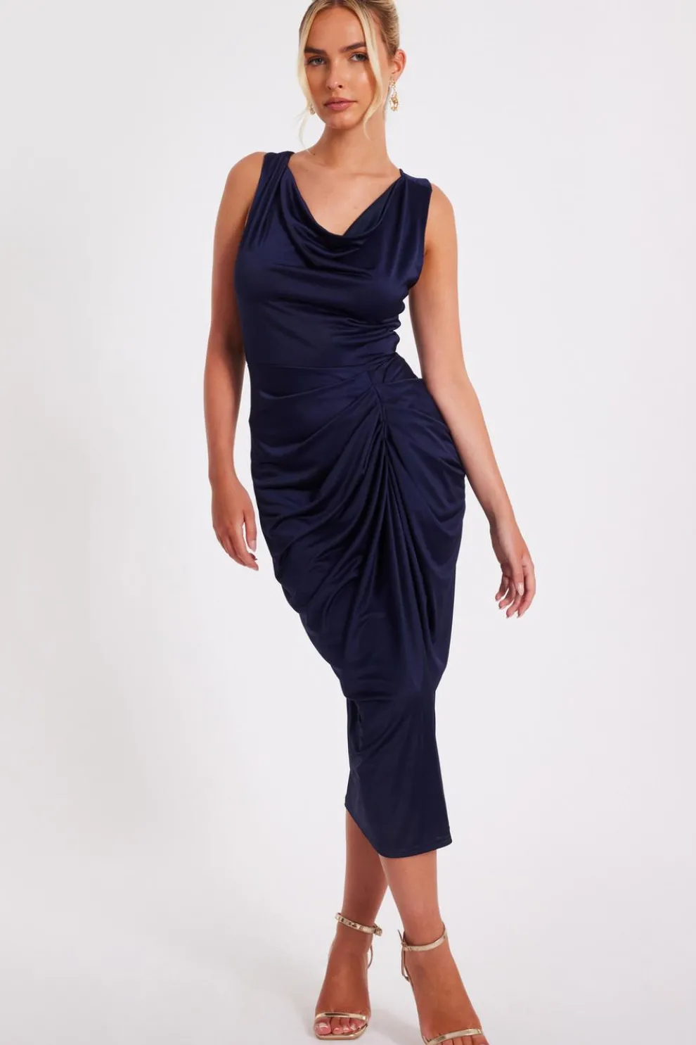 Navy Cowl Neck Midi Dress