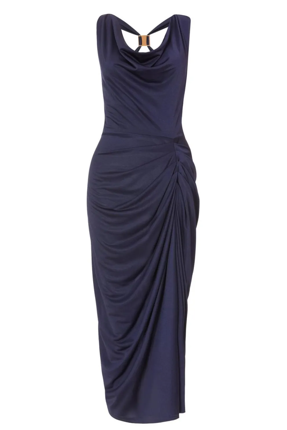 Navy Cowl Neck Midi Dress