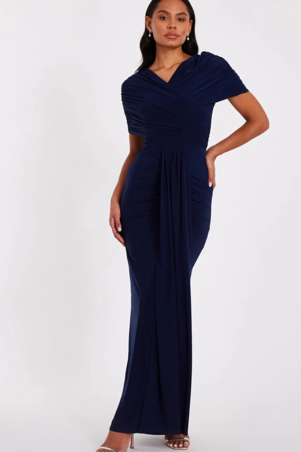 Navy Cross Front Ruched Maxi Dress