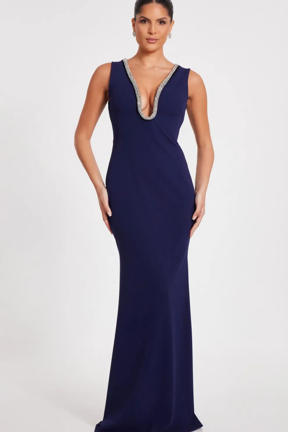 Navy Diamante Trim Maxi Dress