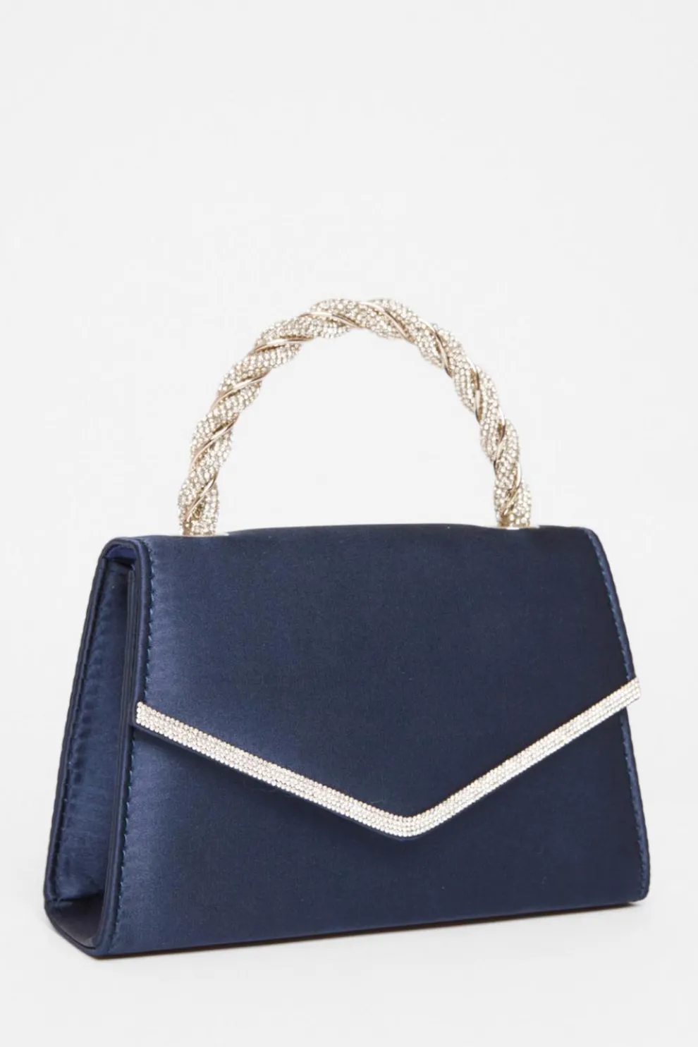Navy Diamante Twisted Top Handle Bag