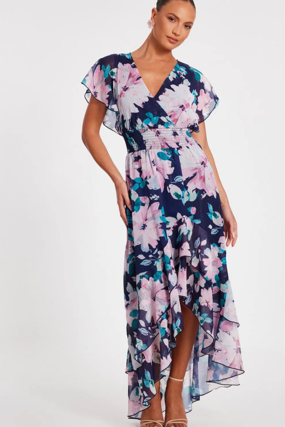 Navy Floral Tiered Midi Dress
