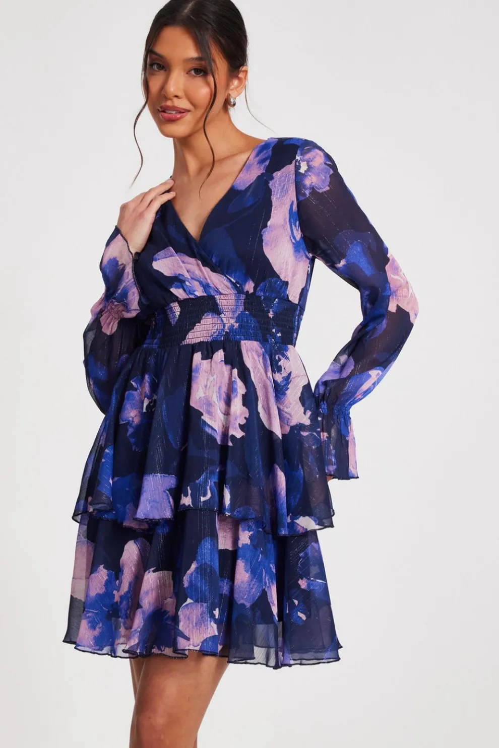 Navy Floral Tiered Skater Dress