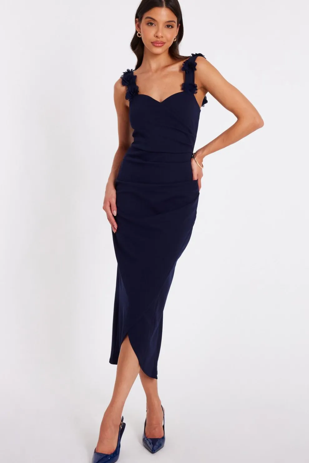 Navy Floral Trim Midaxi Dress