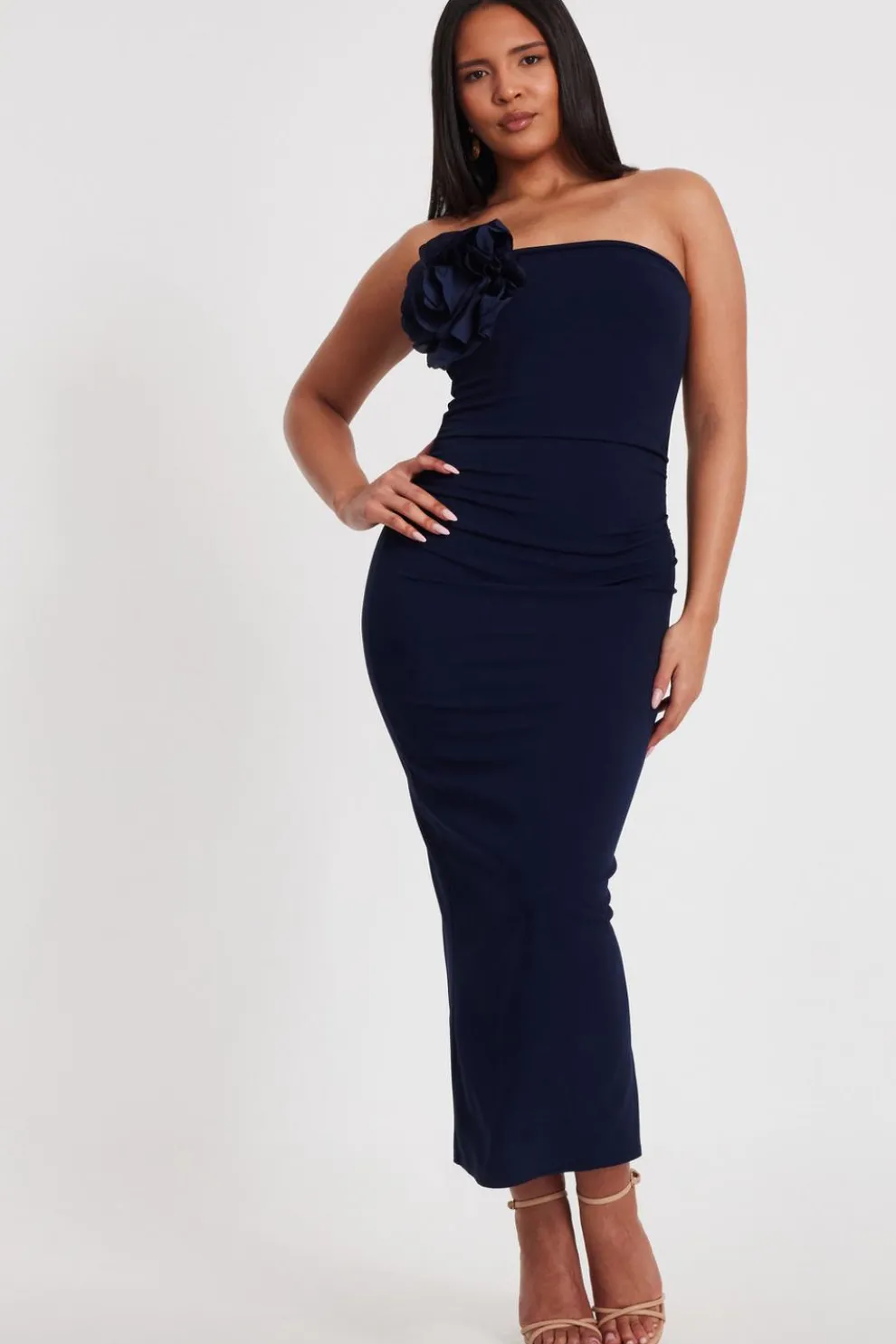 Navy Flower Embellished Midaxi Dress