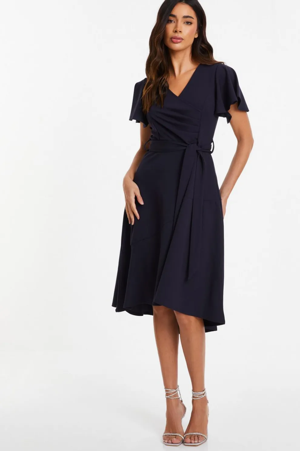 Navy Frill Sleeve Wrap Midi Dress