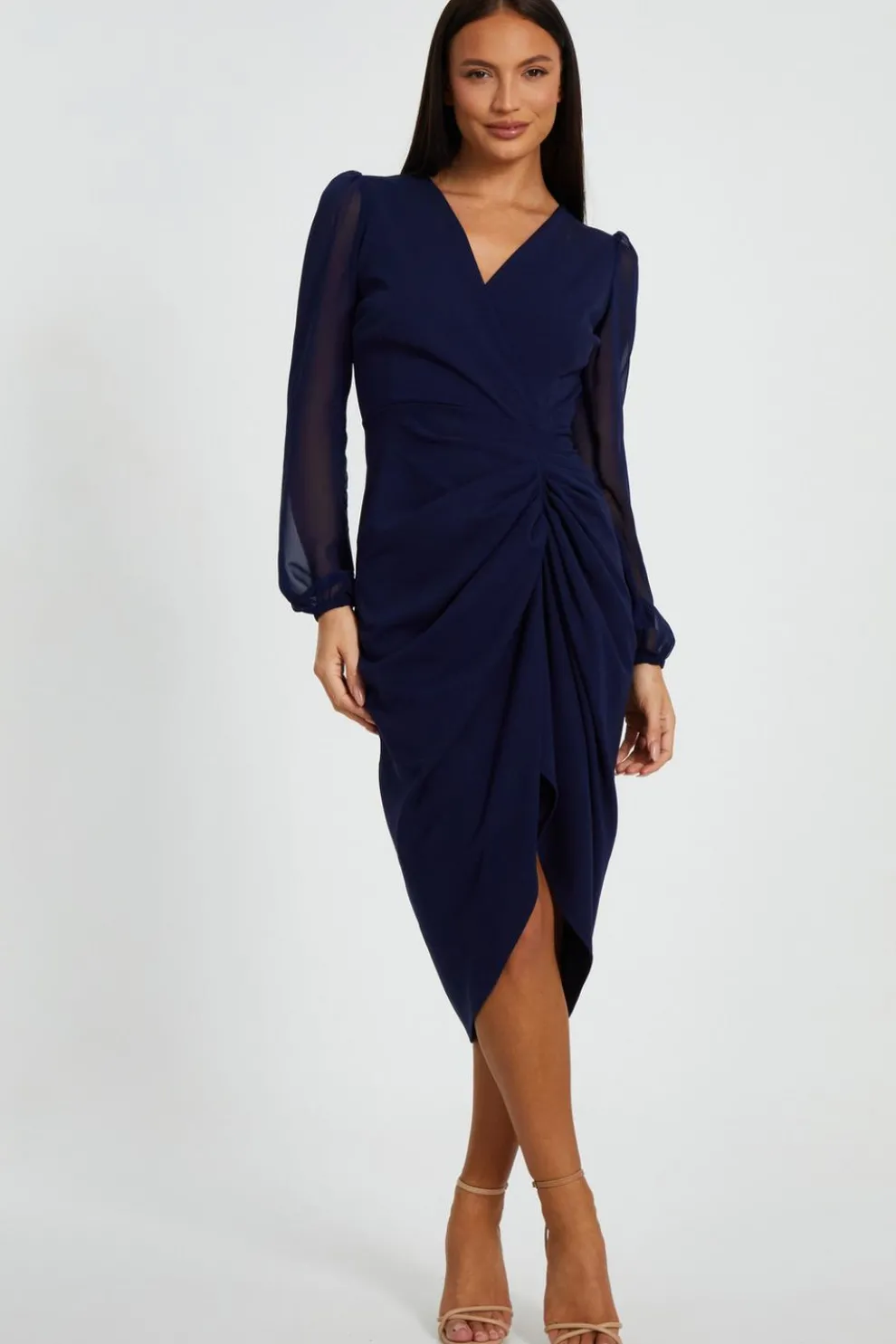 Navy Front Wrap Ruched Midi Dress