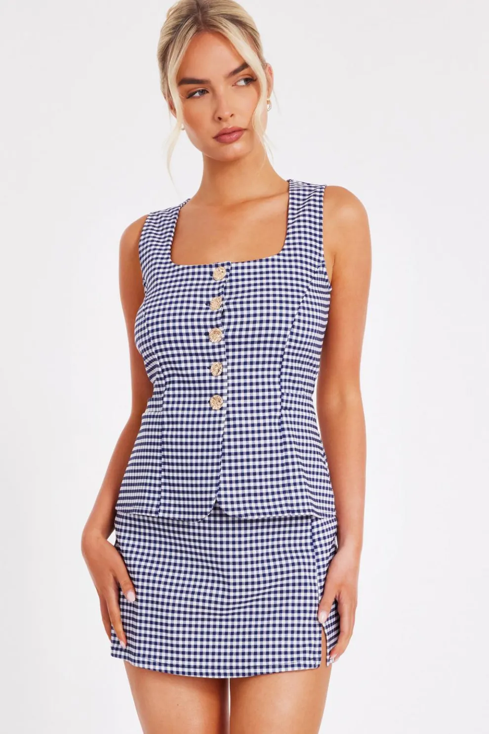 Navy Gingham Button Front Waistcoat