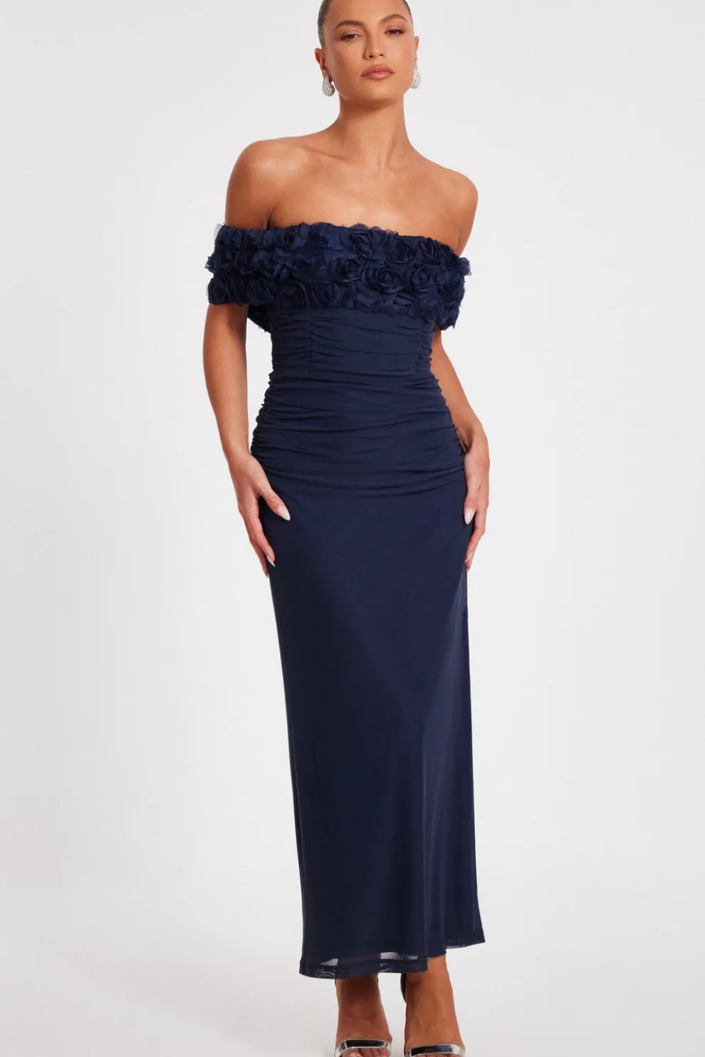 Navy Mesh Bardot Midaxi Dress