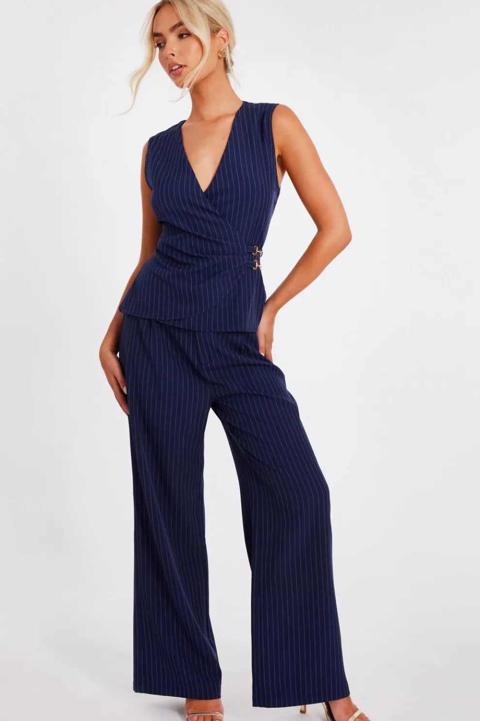 Navy Pinstripe Wide Leg Trousers